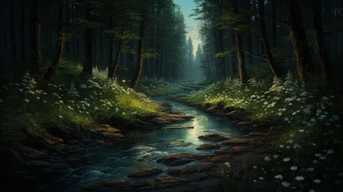 Serene Forest Stream Digital Illustration
