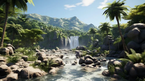 Serene Rainforest Waterfall Rendered in High-Quality Graphics