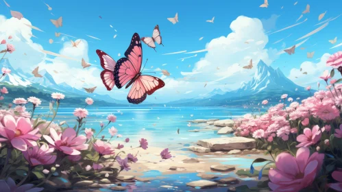 Serenity in Nature: Butterflies and Flowers in a Pink Garden