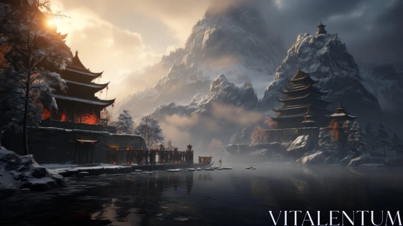 Snowy Chinese Village Scene in Unreal Engine 5 AI Image