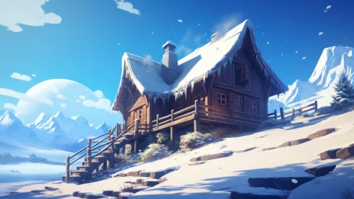 Snowy Mountain Landscape with Quaint Cabin in Cartoon Style
