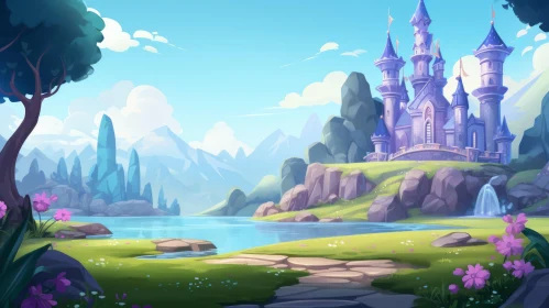 Soft Edged Cartoon Landscape with Castle and River