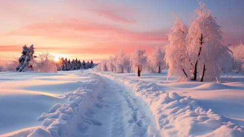 Winter Wonderland: Snowy Trail at Sunset