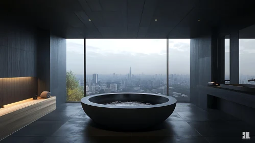 Luxurious Circular Bathtub in a Modern Bathroom Overlooking City