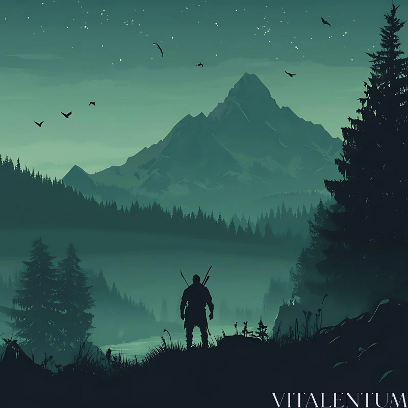 Night Mountain Landscape with Silhouette AI Image