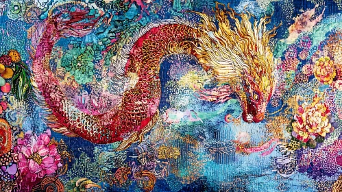 Mythical Dragon in Floral Tapestry