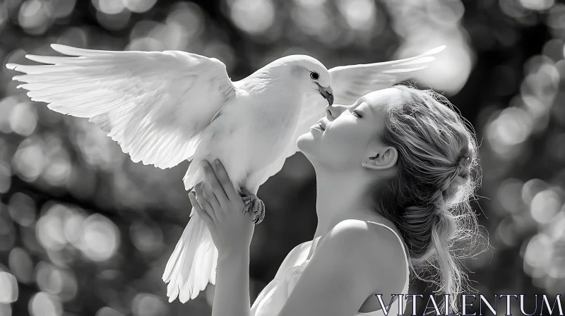 Monochrome Image of Woman Holding Dove AI Image