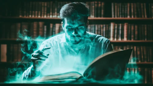 Man Reading Magical Book in Library