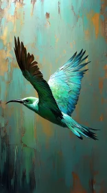 Teal Bird Painting with Wings Outstretched