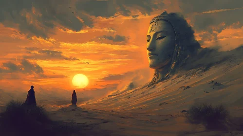 Desert Sunset with Colossal Face Sculpture