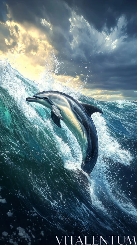 AI ART Majestic Dolphin in Sunset Ocean