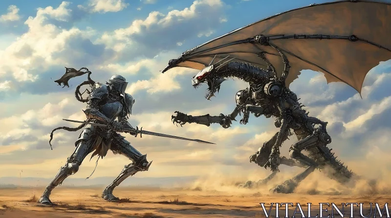 AI ART Steampunk Dragon Confrontation with Armored Knight