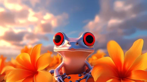Colorful Frog in Flower Field