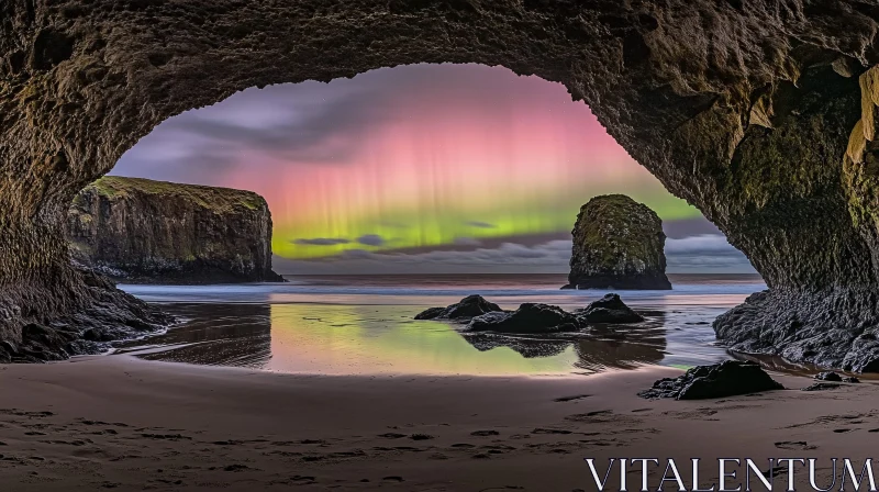 AI ART Northern Lights in a Coastal Cave