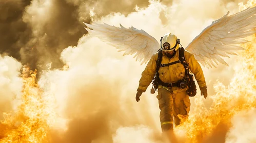 Angelic Firefighter in Fiery Scene