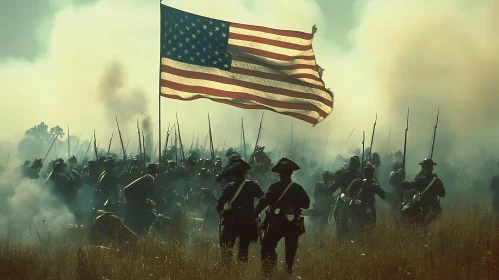 Historical Battle Scene Under American Flag