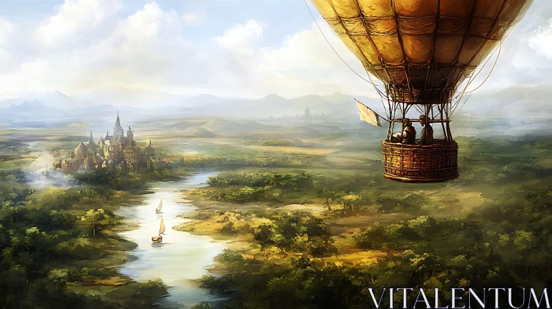 AI ART Golden Air Balloon Above River City