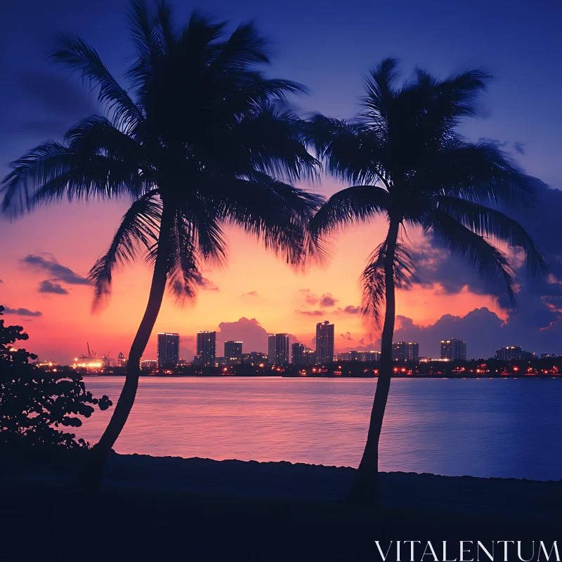 Twilight Cityscape with Palm Silhouettes AI Image