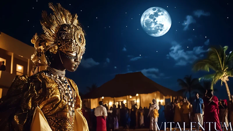 AI ART Moonlit Celebration: Golden Figure in Night