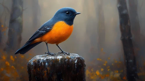 Bird Perched on Stump in Foggy Woods