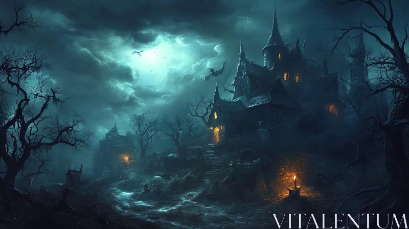 Dark Gothic Castle with Bats AI Image