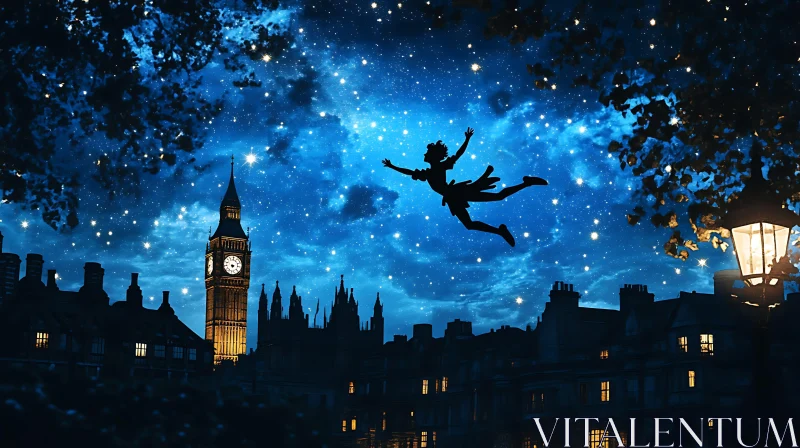 AI ART Silhouette of Peter Pan in Starry London Sky