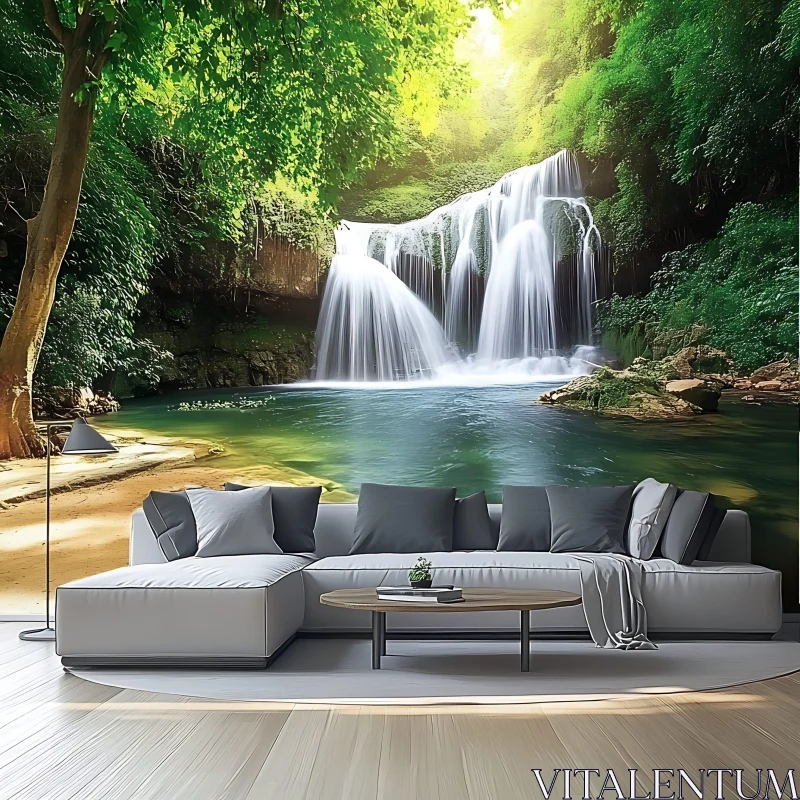 Serene Living Room Overlooking Lush Waterfall AI Image