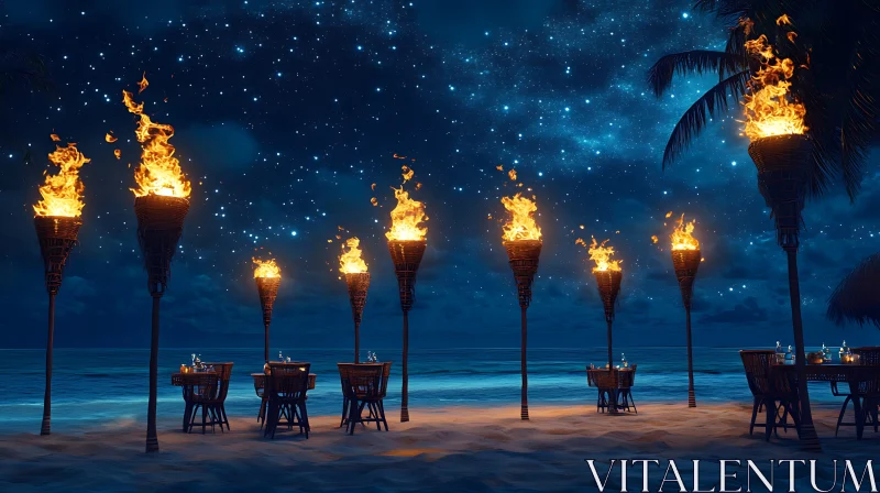 Night Beach with Tiki Torches AI Image