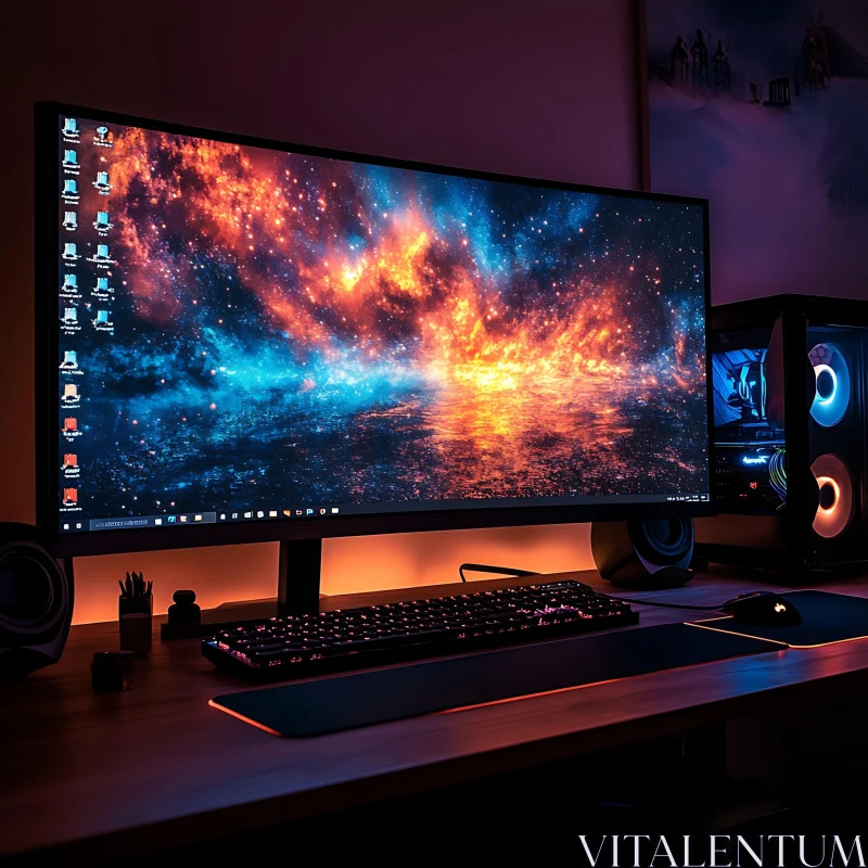 Vivid Space-Themed Desktop Setup AI Image