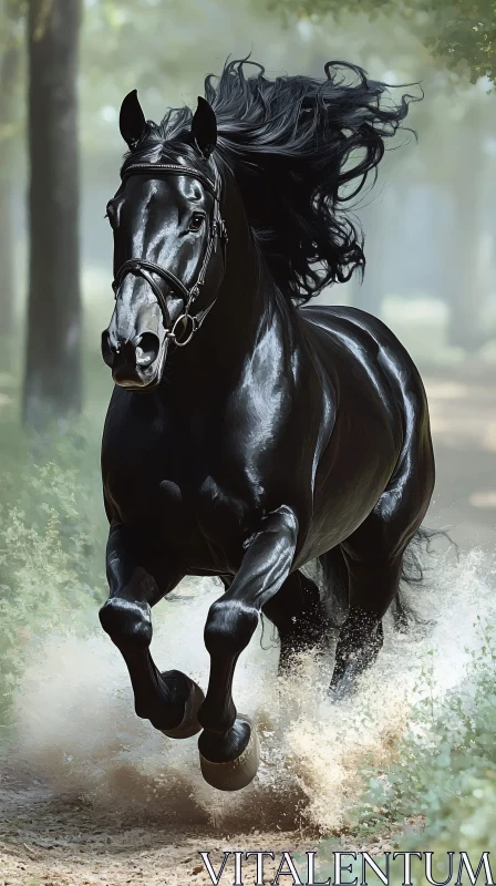 Black Horse Running in Nature AI Image