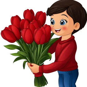 Cartoon Boy Holding Red Tulips