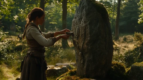 Woman and Stone Monument in Forest