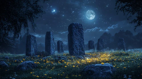 Enigmatic Stones in a Moonlit Meadow