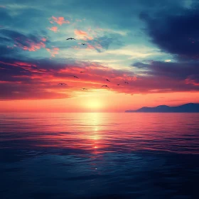 Seascape Sunset with Birds in Flight