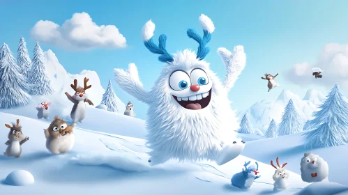 Joyful Cartoon Characters in Snowy Landscape