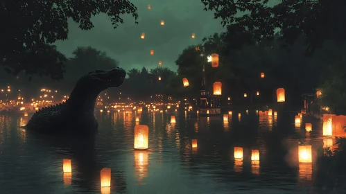 Night Lake with Floating Lanterns