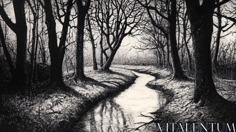 AI ART Black and White Forest Stream Art