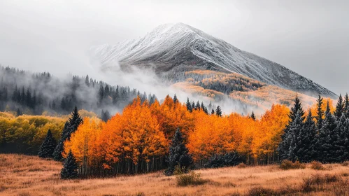 Vibrant Autumn Trees with Mist and Mountain