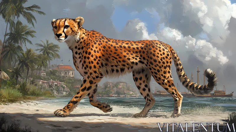 Wild Cheetah on Coastal Sand AI Image