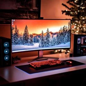 High-Tech Gaming Desk with Snowy Forest Wallpaper