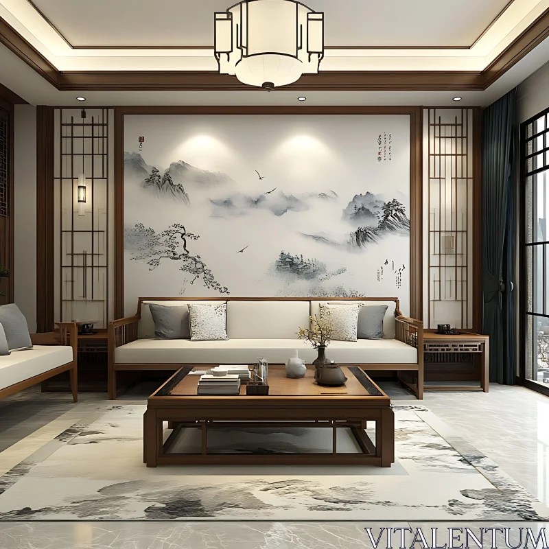 AI ART Peaceful Living Room with Asian Style