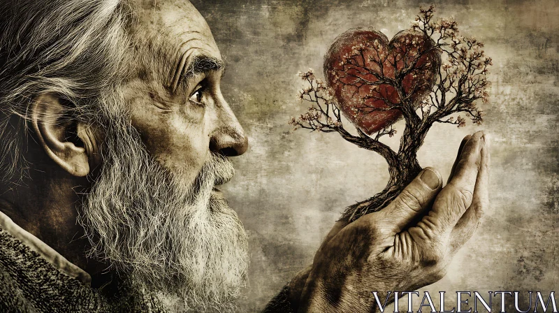 Old Man Holding a Heart Tree AI Image