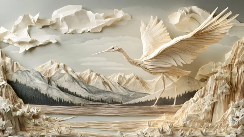 Paper Crane Over Mountain Scene