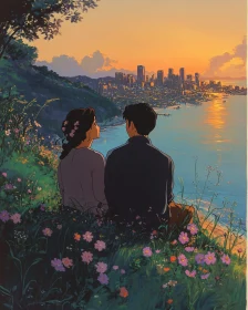 Couple enjoying sunset cityscape view