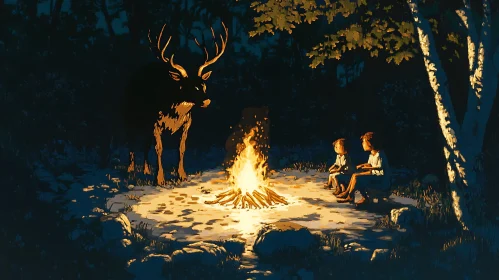 Children and Deer by Campfire