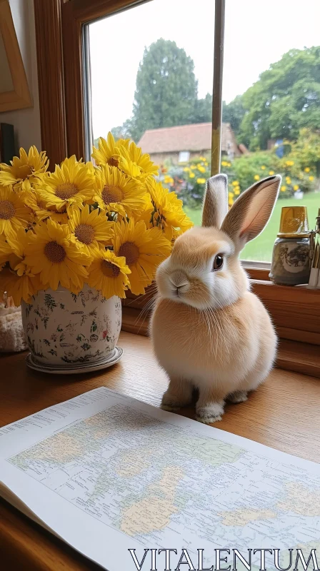 Rabbit and Sunflowers Scene AI Image