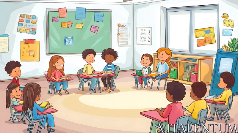 Cartoon Children in Classroom Illustration AI Image