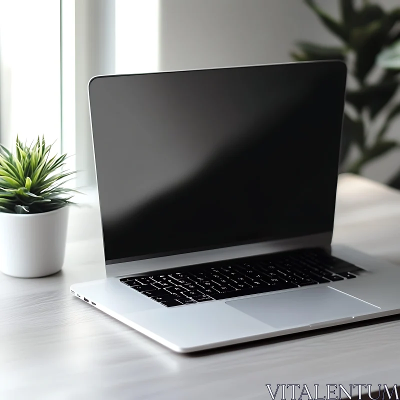 Sleek Laptop Display on Wooden Desk with Green Plant AI Image