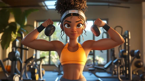 Strong Cartoon Woman Lifting Weights