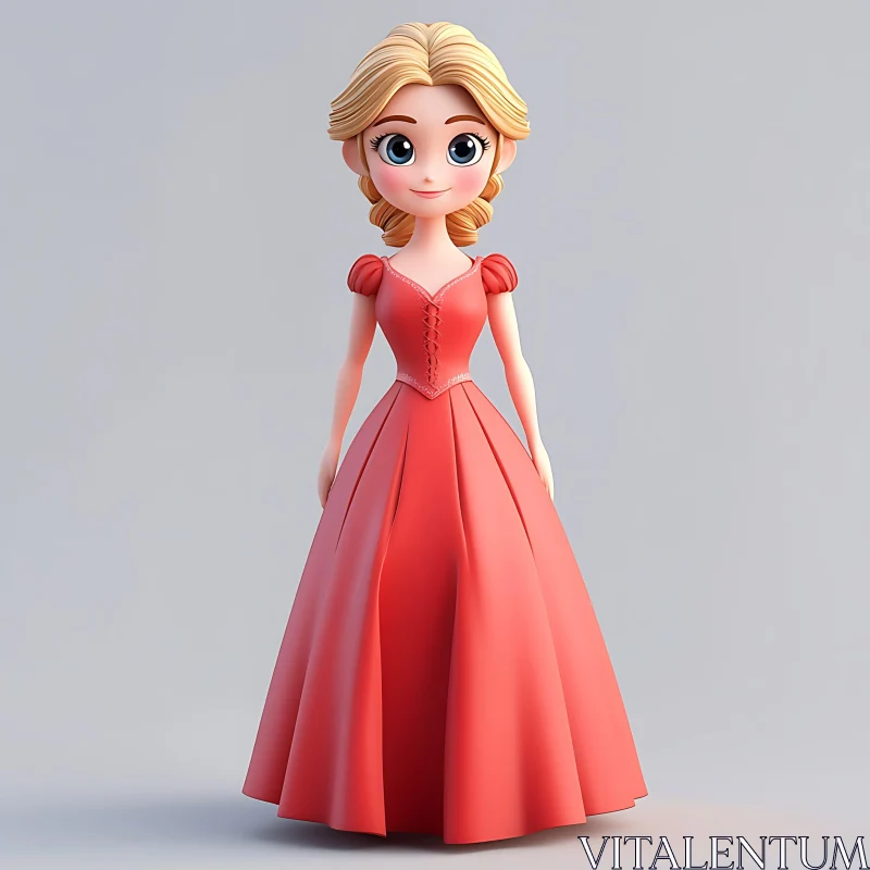 Cartoon Doll with Blonde Hair in Red Dress AI Image